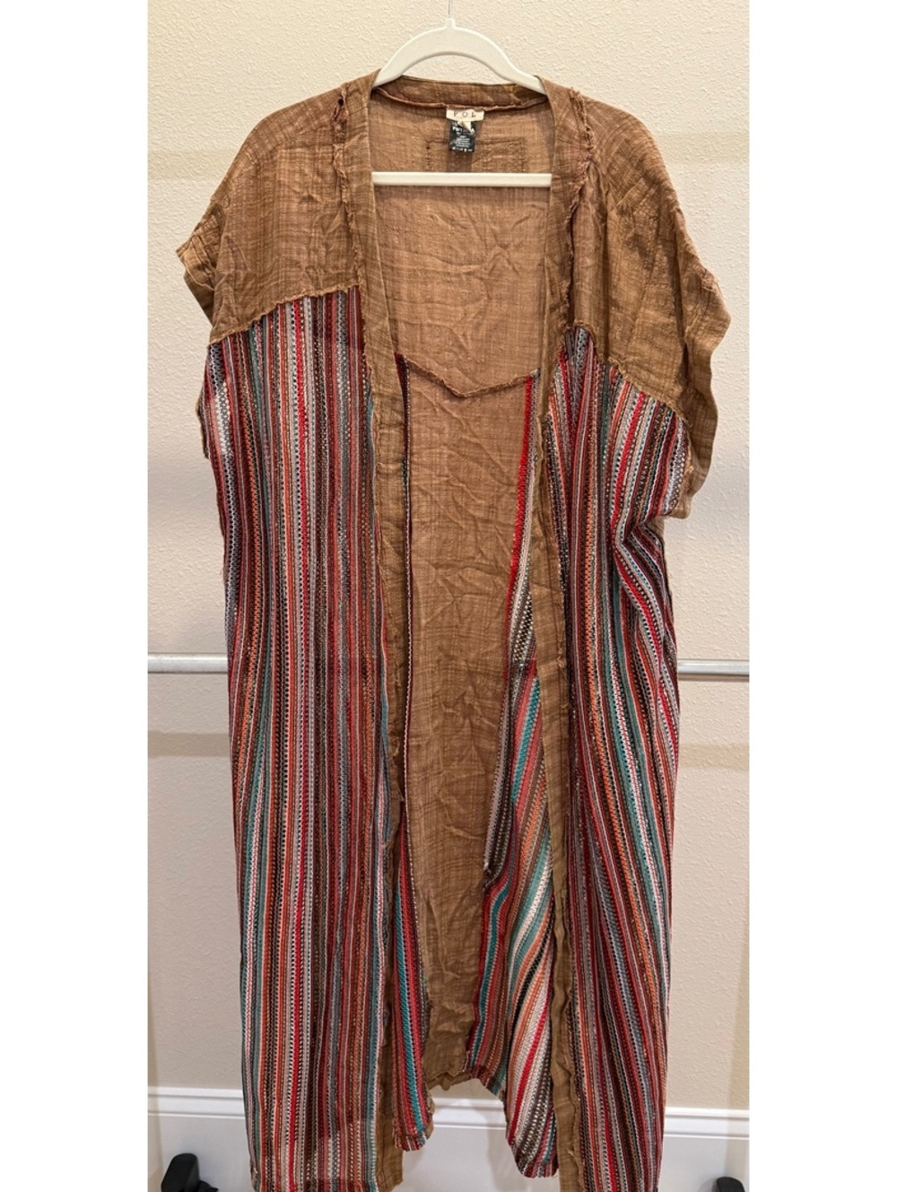 POL Women's Small Brown and Multicolor Striped Cotton Blend Open Front Kimono